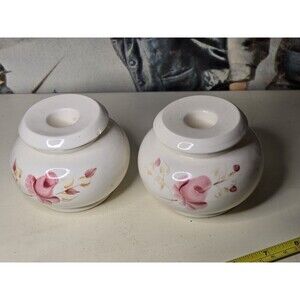 VTG SET Ceramic Candle Holders Rose Pink Hand Painted Lasting Products EUC